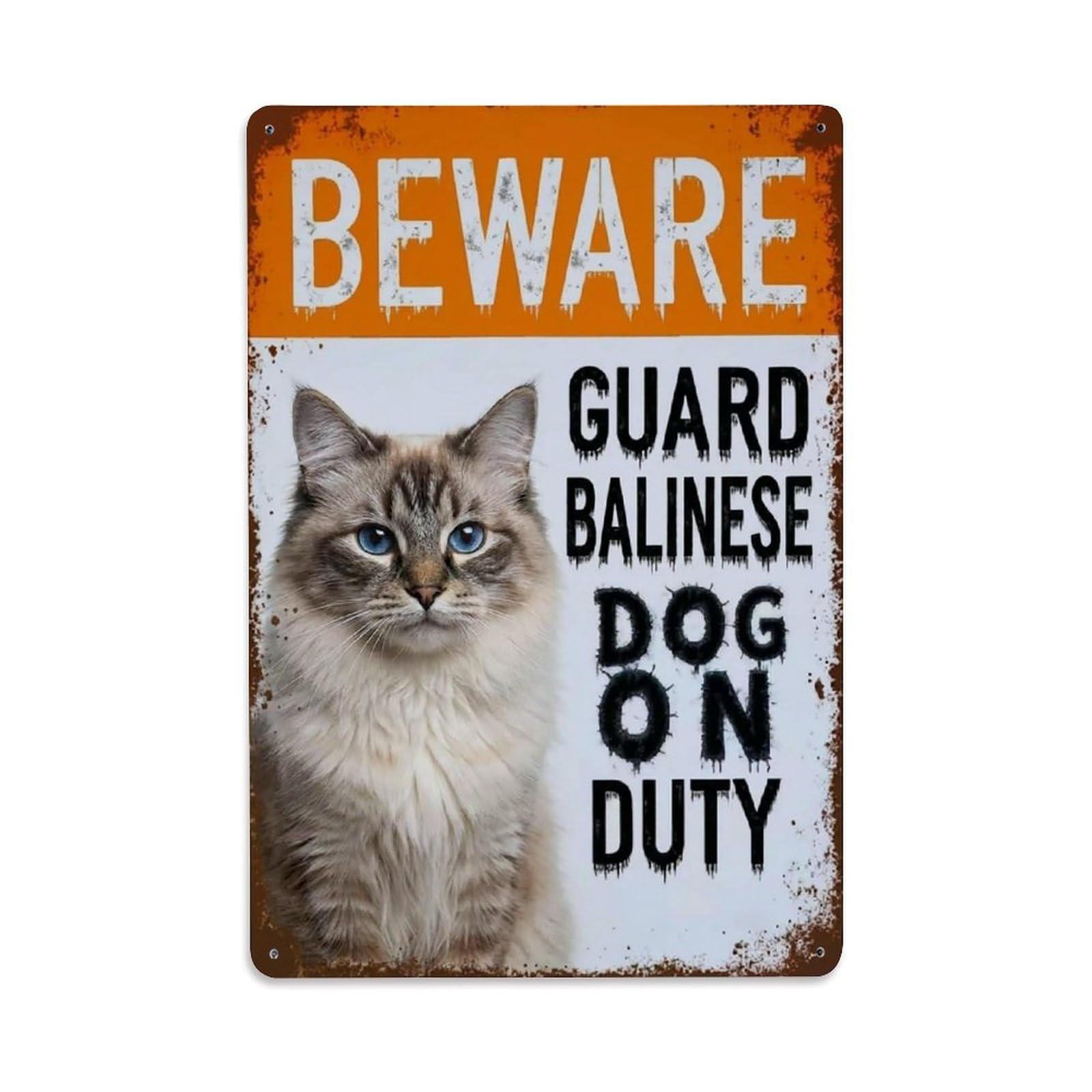 Vintage Funny Balinese Guard Beware of Cat Fence Metal Tin Sign Plaque Wall Decor for Cafe, Club Bar, Office, Garden Metal Poster 8x12Inch
