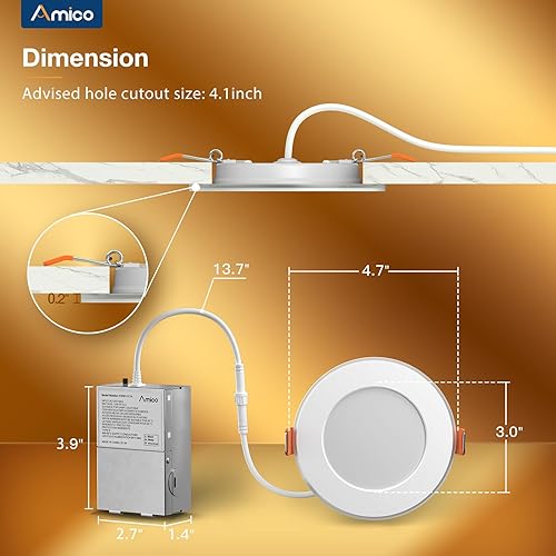 Miniatura 5 de Amico ETL&FCC - Paquete de 20 luces LED empotrables de techo de 4 pulgadas 5CCT con luz nocturna, 2700K3000K3500K4000K5000K iluminación empotrada
