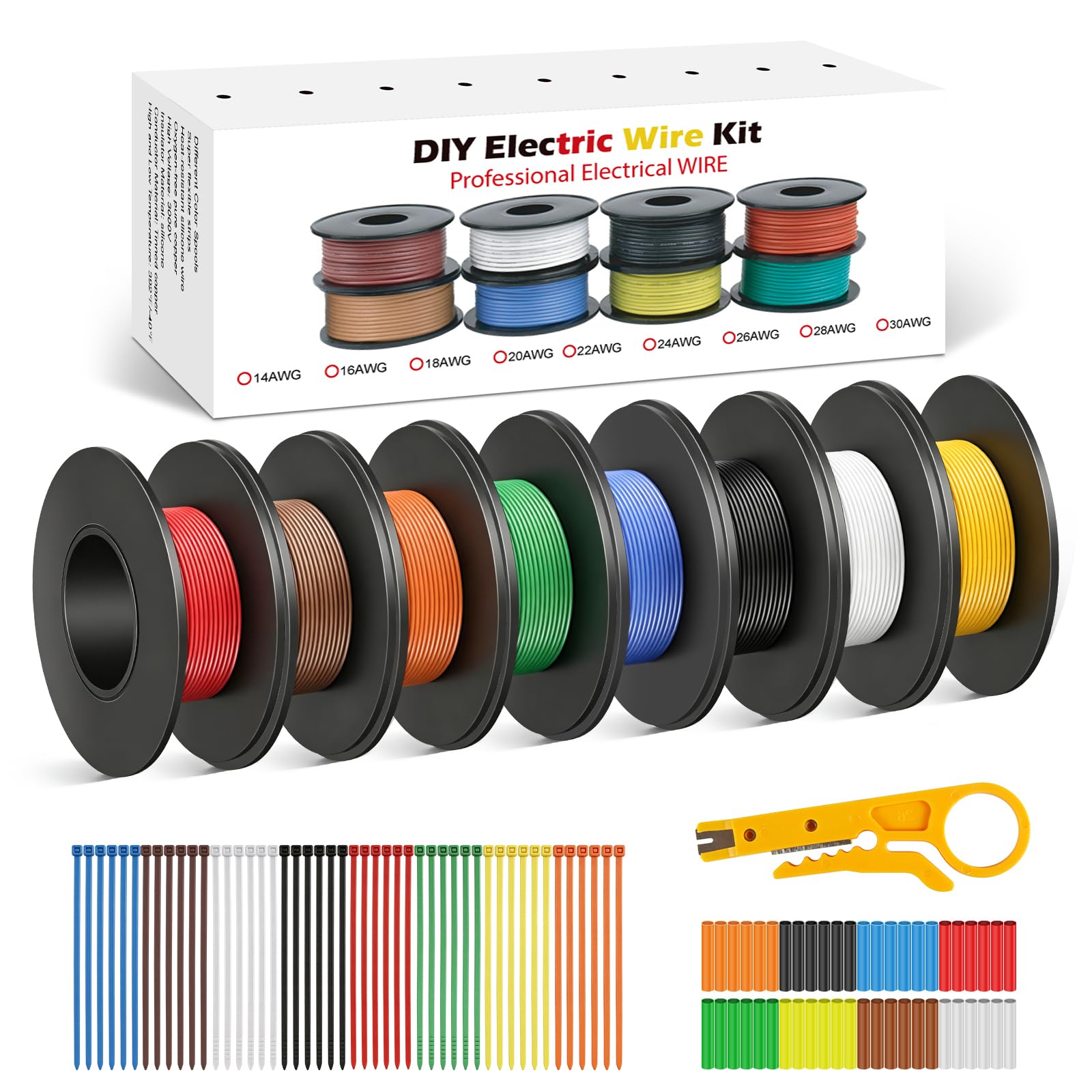 30 AWG Silicone Wire Kit, 0.05 mm² Flexible Tinned Copper Hook Up Wire, 8 Colours, 5 m / 16.4 ft per Roll, Stranded Electrical Wire for DIY Electronics, RC Models, LED Lighting and Automotive Wiring