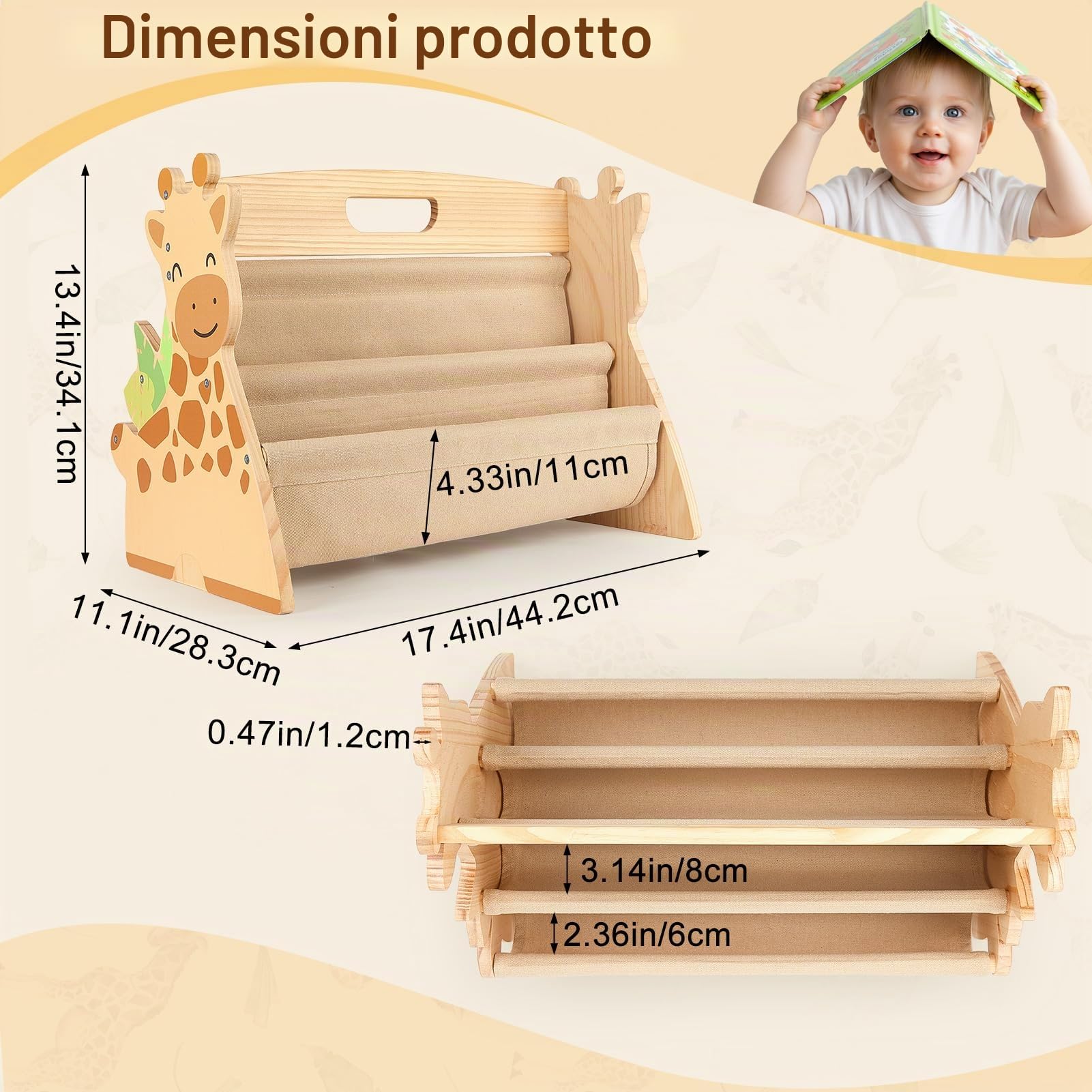 MHJY Libreria per Bambini in Legno - Scaffale Porta Libri Doppia Faccia con Tasche in Tela, Stile Montessori Portatile con Maniglia, Organizer Giochi per Cameretta, Asilo e Scuola Materna