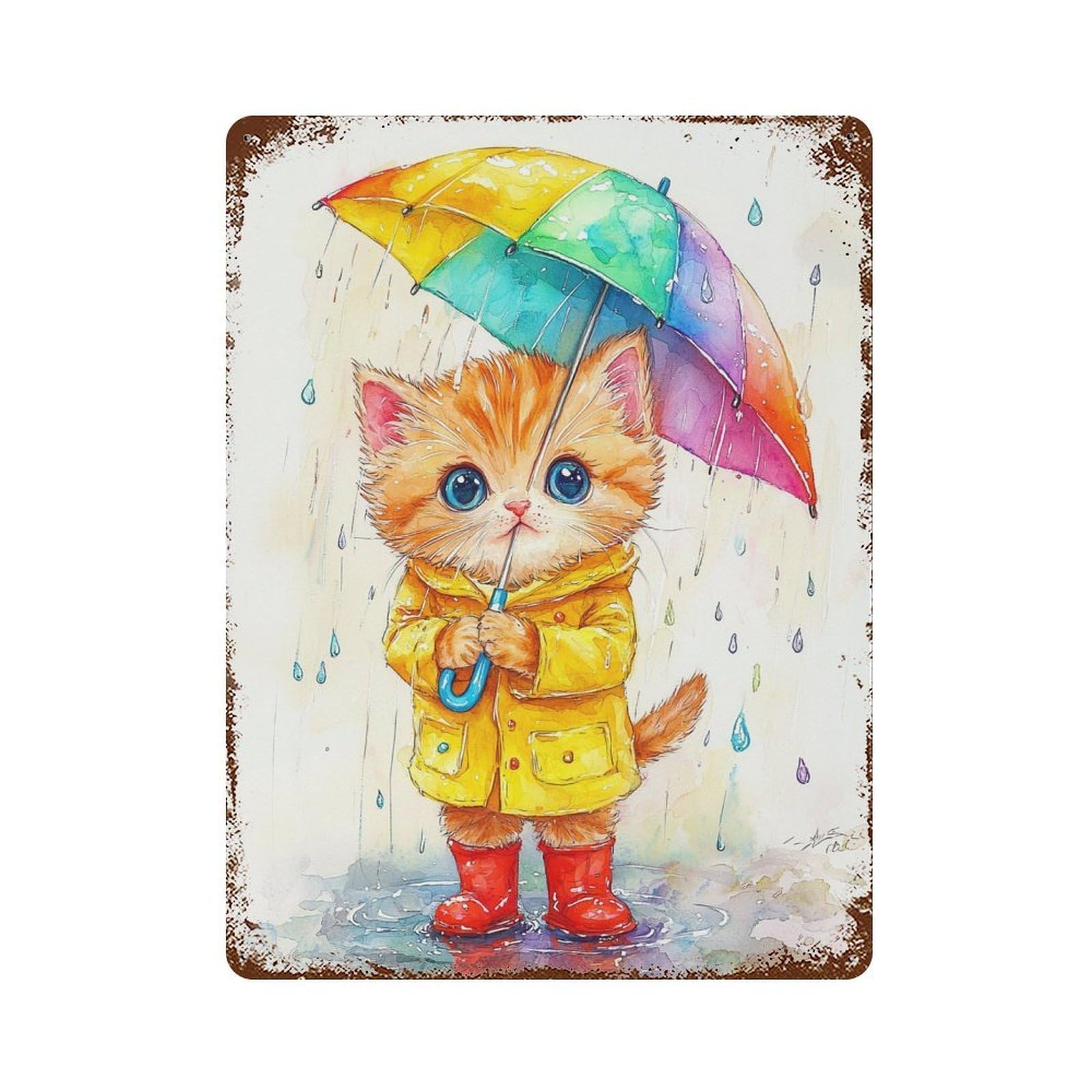 Rainy Day Kitten with Umbrella-6 Rusty Metal Tin Sign 15.7"x11.8", for Pub, Kitchen And Man Cave Decor, Novelty Wall Decor
