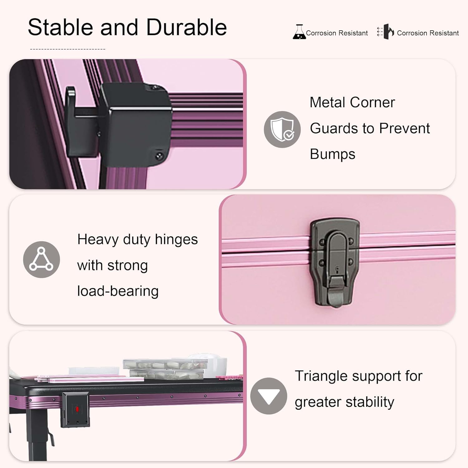 Portable Nail Table with LED Mirror, Foldable Nail Tech Desk with Bluetooth, Rolling Manicure Table with 3 Lockable Drawers, Bluetooth, Telescopic Handle (Pink)