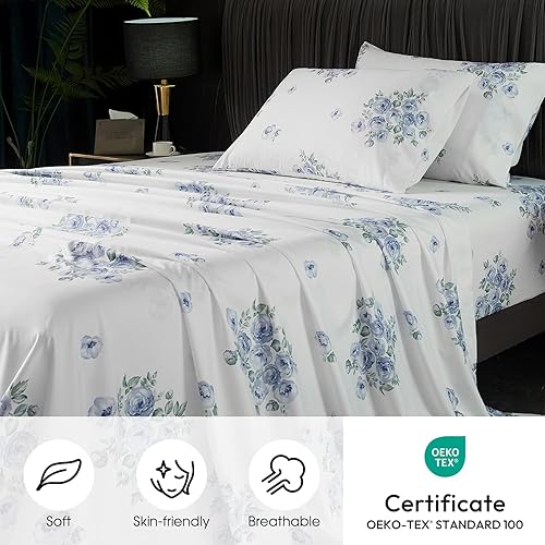 Miniatura 2 de Hyprest Sábanas tamaño Queen con diseño floral azul, 18 pulgadas de profundidad, 1800 hilos, juego de 4 piezas suaves y transpirables, sábanas de