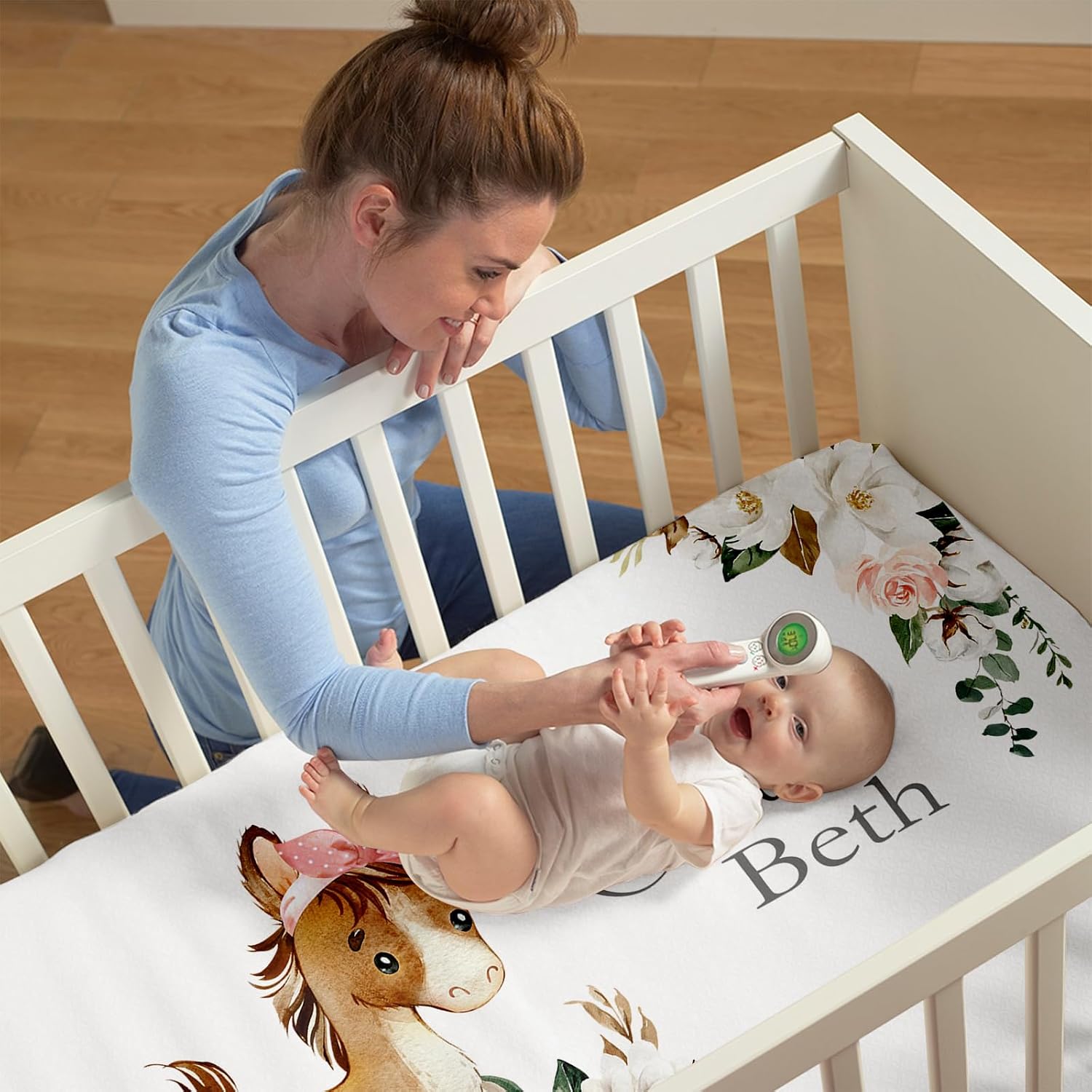 KAINSY Personalized 2 Piece Fitted Crib Bedding Sheet with Name, Crib Mattress Sheets for Baby Boys Girls, Mini Nursery Little Horse Crib Sheet Gifts for 0-3 Years Infant Baby