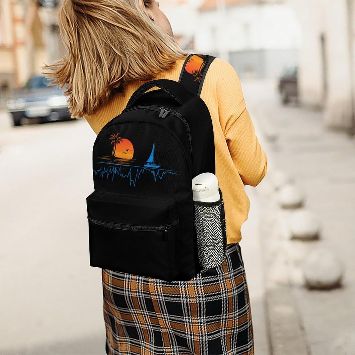 Heartbeat with Sailboat Tropical Palm Trees Laptop Backpack Lightweight Travel Daypack Shoulder Bag for Men Women