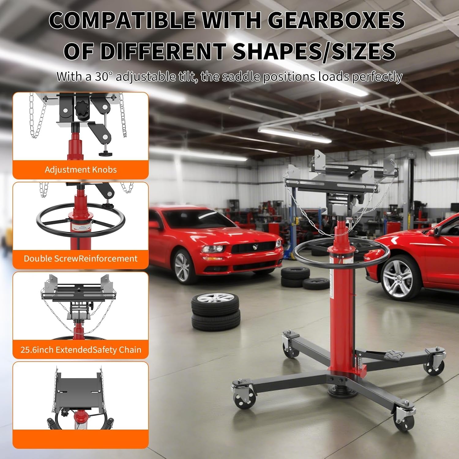 Transmission Jack High Lift with 360° Swivel Wheels, 1320 LB Hydraulic Telescoping Transmission Jack with Foot Pedal, 34"-68" Lifting Range, Ideal for Auto Repair, Maintenance
