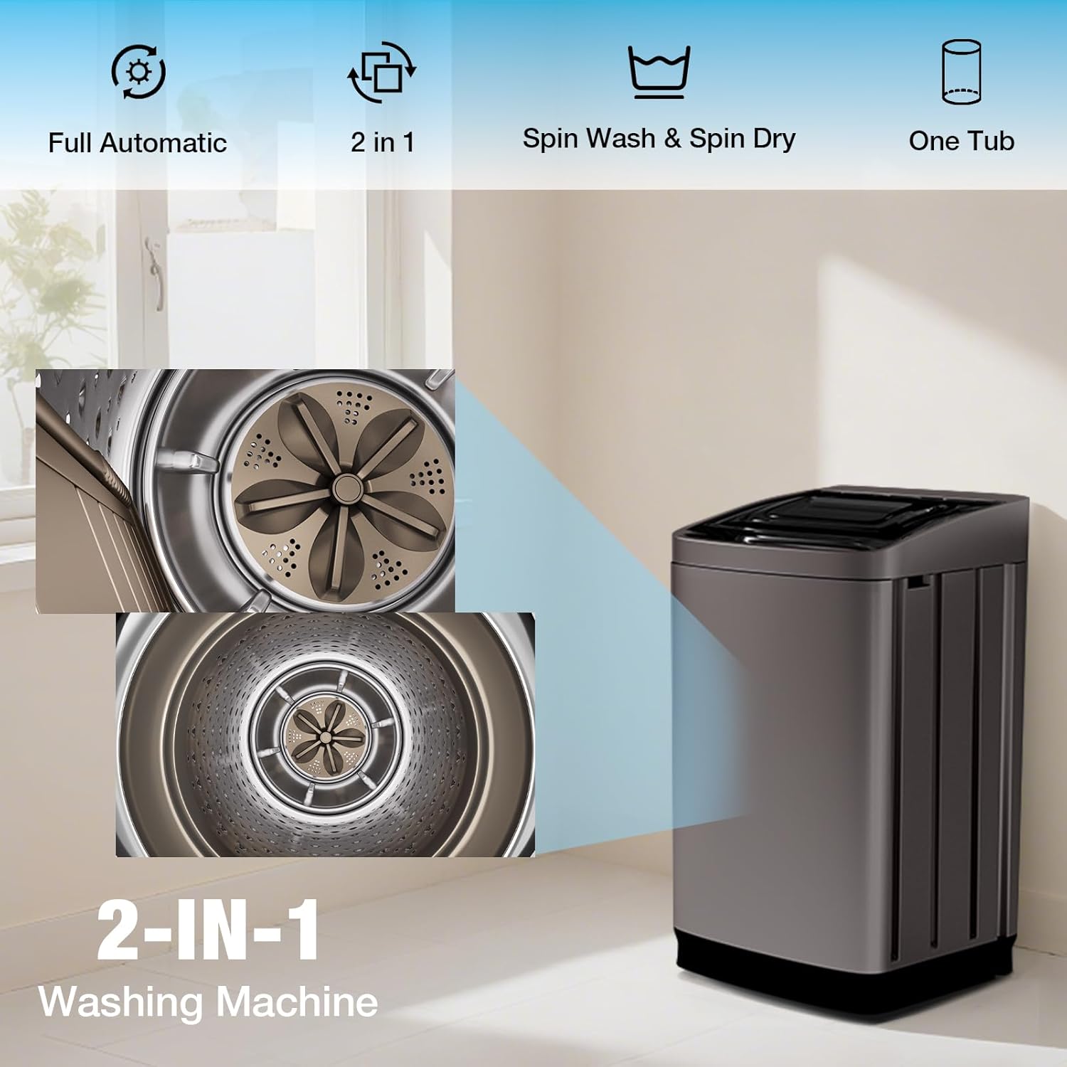 洗濯機と乾燥機のコンボセット、全自動18.5ポンド洗濯機、10回の洗濯プログラム&amp;ポータブルランドリードライヤー、4つの自動