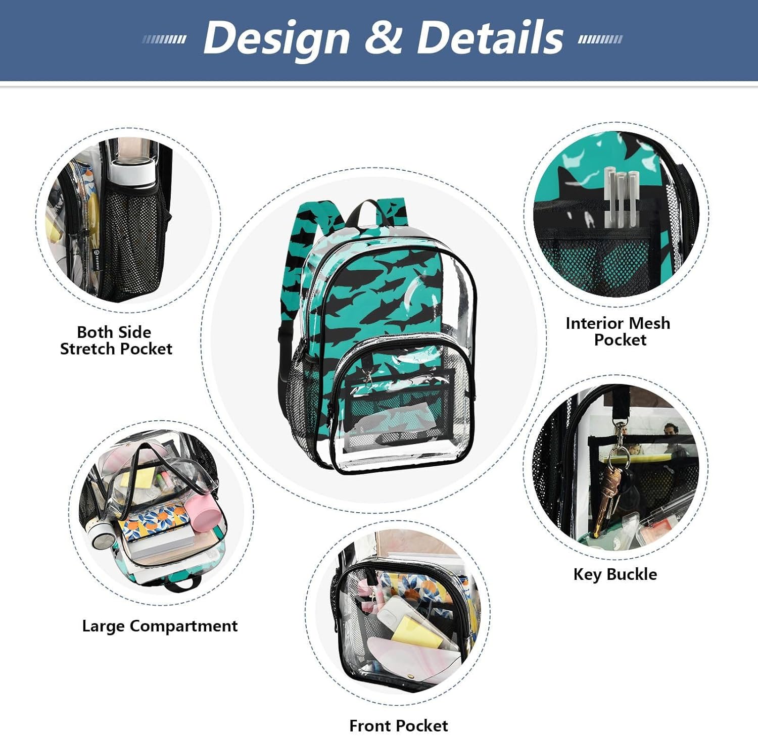 Black Shark Silhouette Blue Clear Backpack Heavy Duty See Through Transparent PVC BookBag for Kids Boy Girl Adult School Work