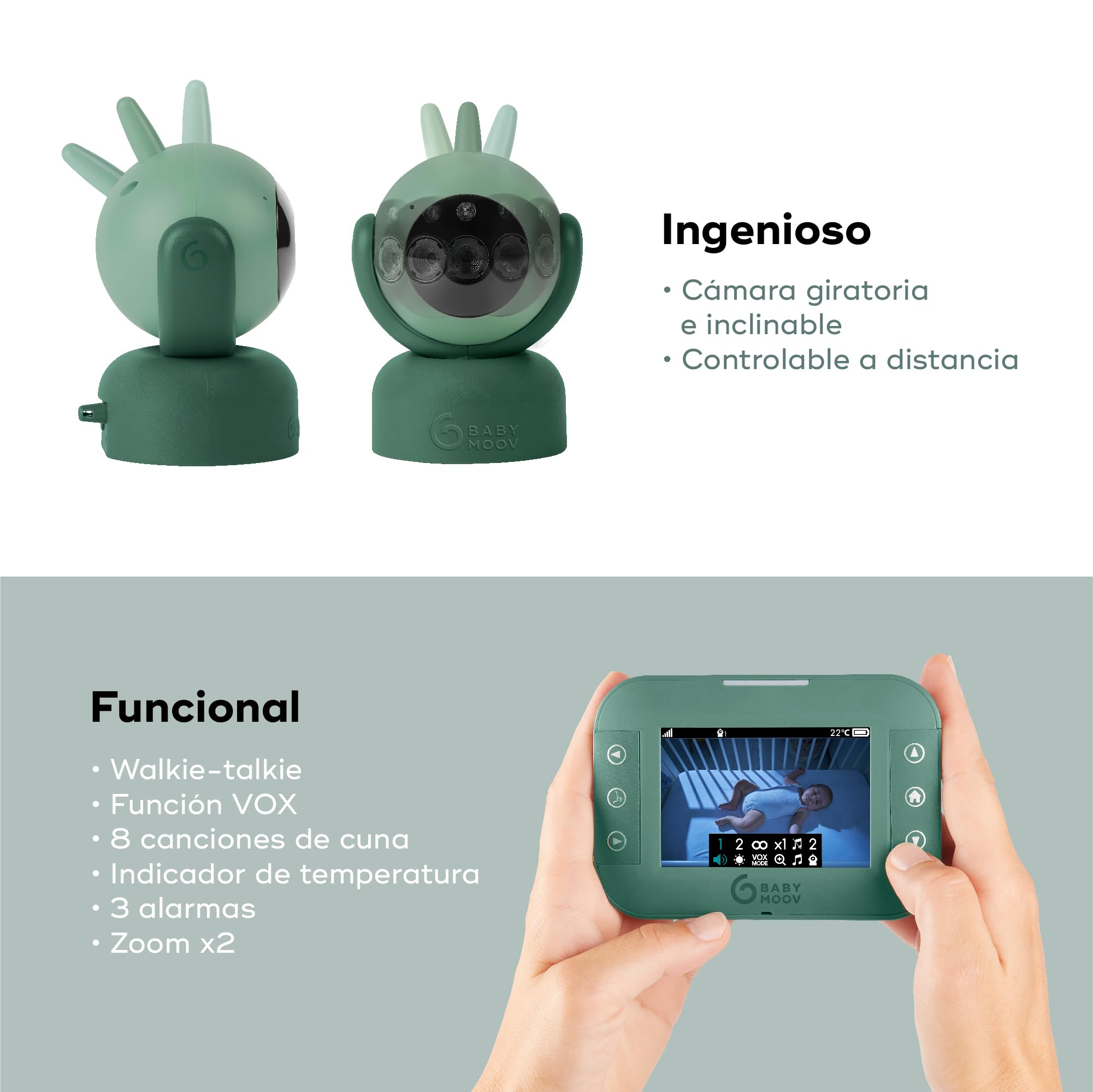 Babymoov YOO Twist Vigilabebé con Cámara Motorizada - Pantalla LCD Color de 4.3" - Visión Nocturna - Rotacion 360° - Lamparita y Nanas - Alcance 300 m
