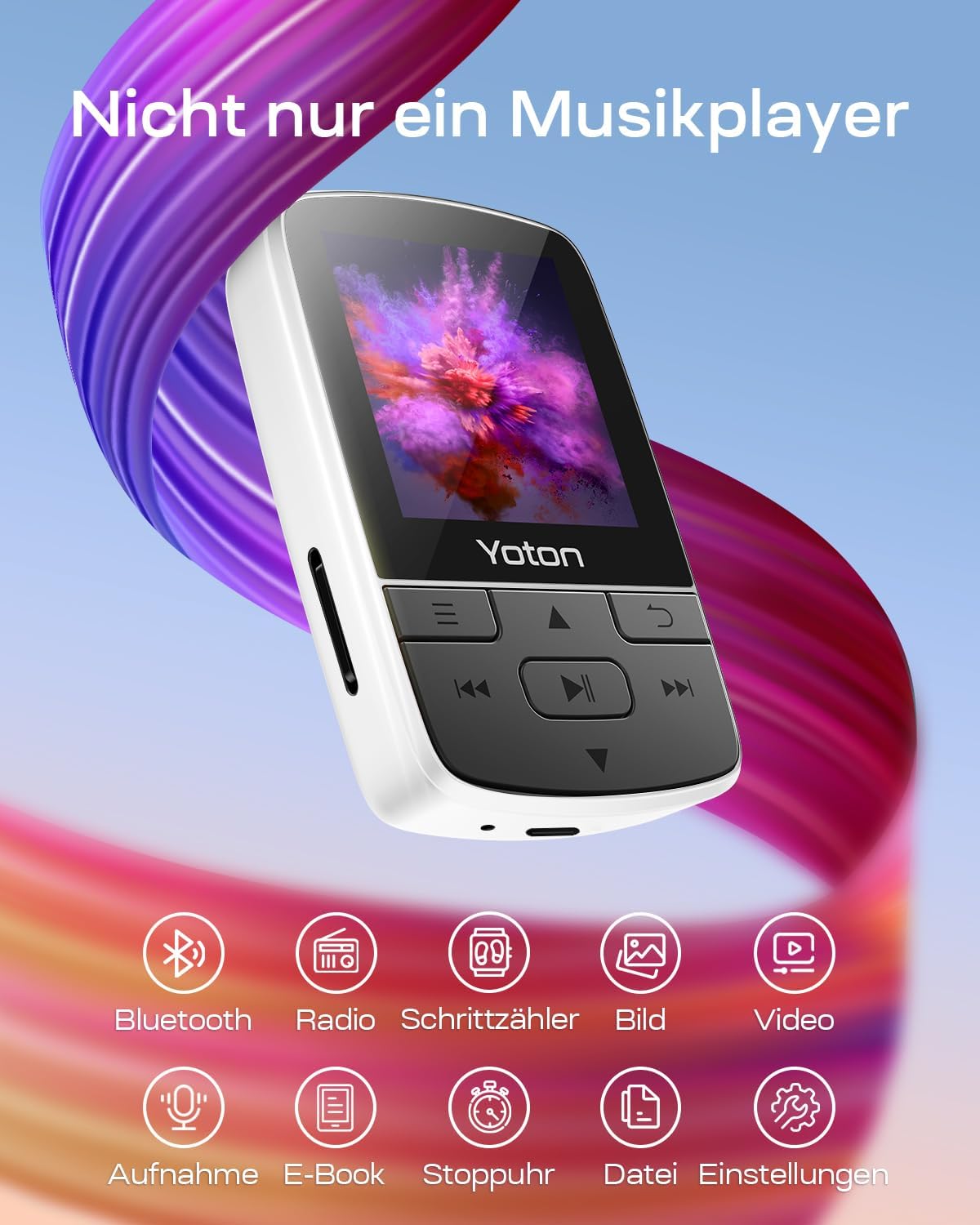 Yoton MP3 Player with Bluetooth 5.2, Expandable to 64GB, Mini Size, HiFi Music, with Sports Clip, Independent Volume Control, FM Radio, Includes Headphones, White