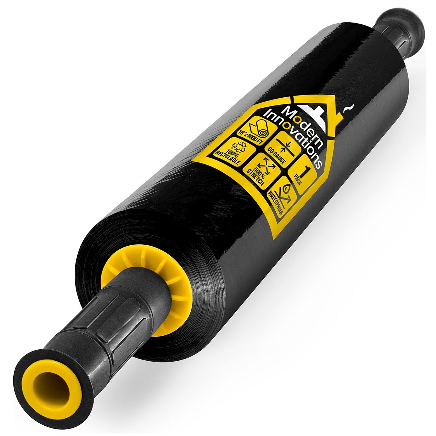 Modern Innovations 15 Inch Black Stretch Wrap Roll with Handles (1 Roll-1000 Feet) Heavy Duty Shrink Wrap for Moving, Packing Supplies for Wrapping