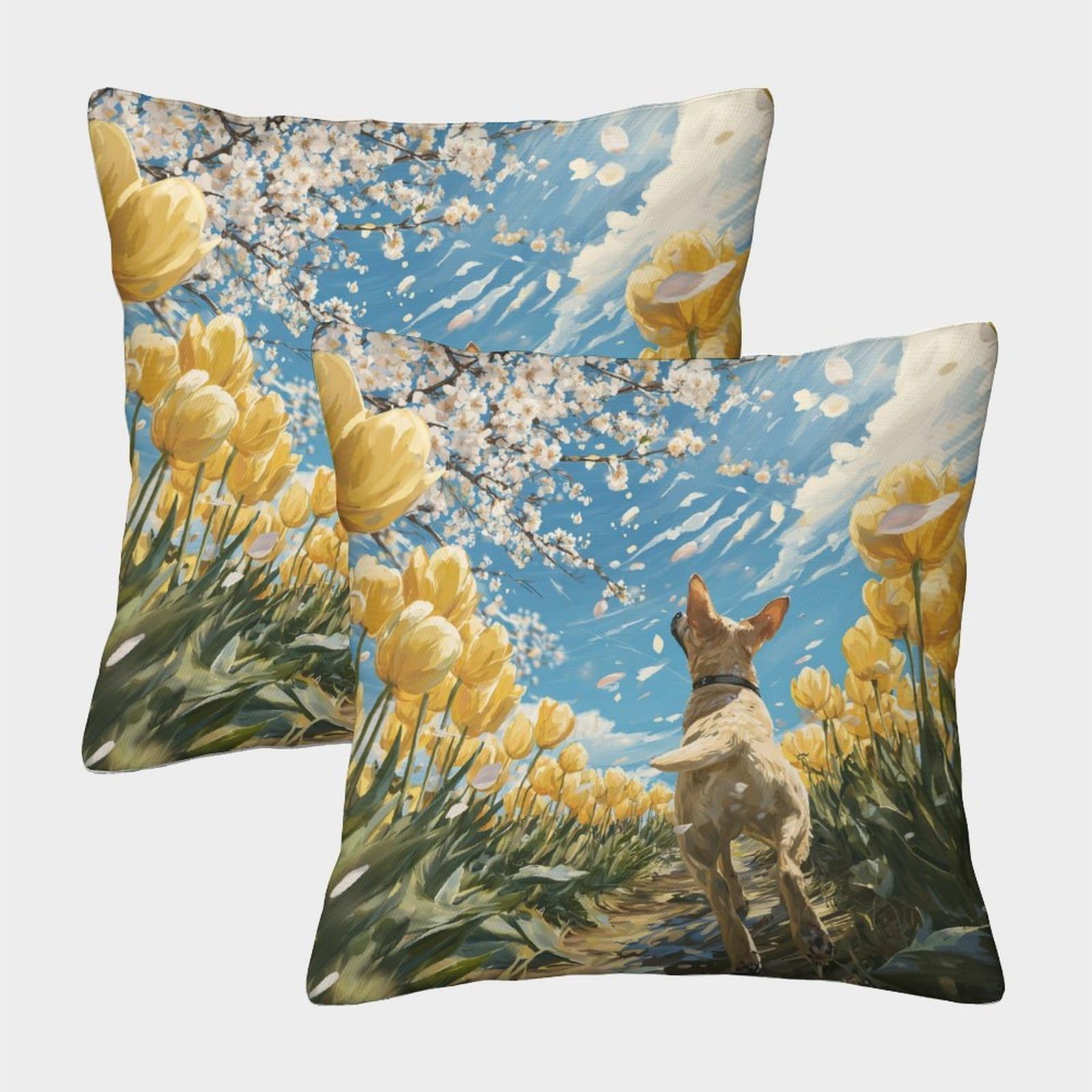 kaiyun 2 Pack Tulip Fields, Cherry Blossoms, Dogs 3D Image Printed Single-sided Cushion Cover 40x40cm