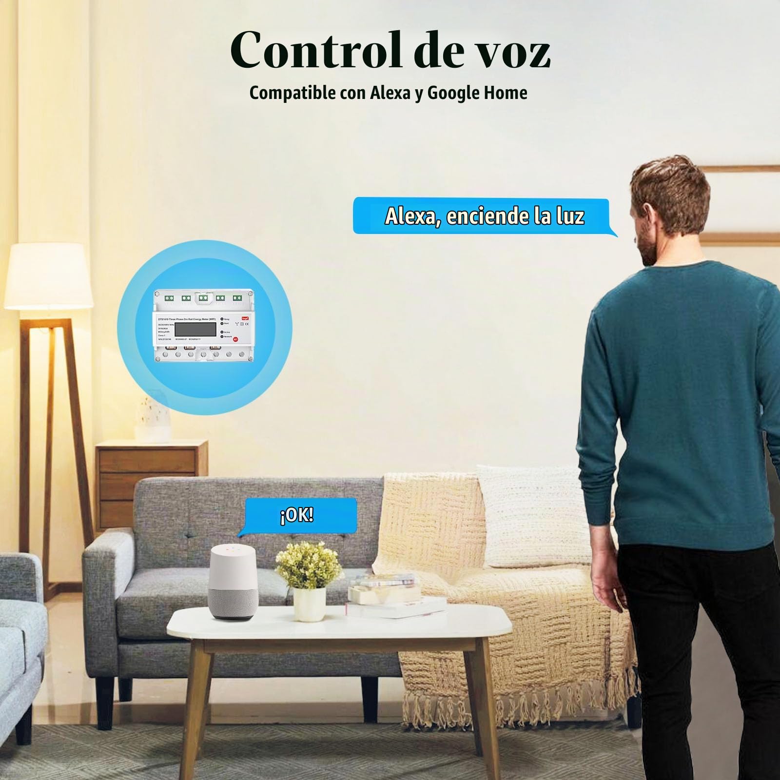 eMylo Medidor de Energía WiFi Inteligente Trifásico, Contador Digital LCD para Riel DIN, Monitor de Consumo Eléctrico 80A 230-400V, Control Remoto por App, Compatible con Alexa y Google Assistant