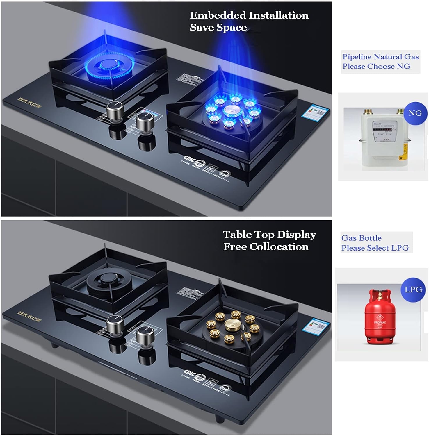 Double Burner Gas Stove Cooktop, Tempered Glass Built-in for Easy Cleaning, Compatible with LPG/NG, Ideal for Kitchen, RV, and Camping Use(Silver,NG)