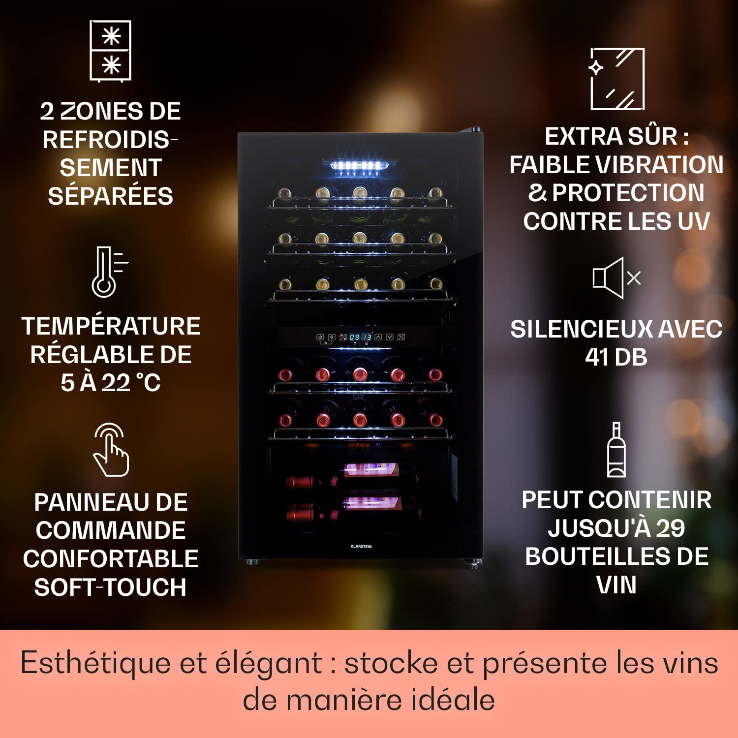 KLARSTEIN Cave à Vin 80L Double Zone, Porte en Verre, Armoire à Vin de Vieillissement, 29 Bouteilles