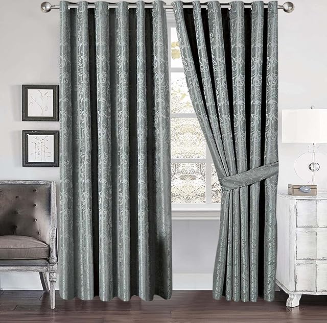 Prime Linens Cleo Curtains For Living Room Ring Top/Eyelet Paisley Jacquard Curtains & Drapes Fully Lined Modern Panels for Bedroom 2 Free Tie Backs (Silver, W 46'' x L 54'')