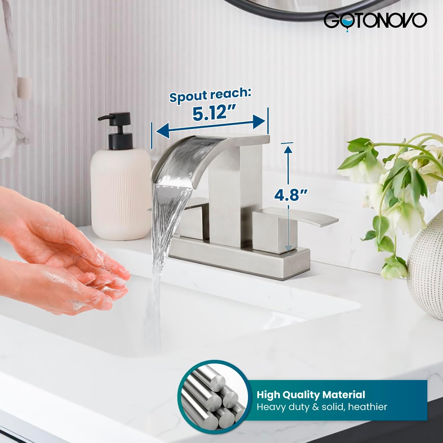 gotonovo Waterfall 4 Inch Centerset Bathroom Sink Faucet 2 Handle Basin Faucets 2 or 3 Hole Deck Mount with Pop Up Drain Included Lavatory Modern Mixer Tap Vanity Faucet Brushed Nickel - Image 3