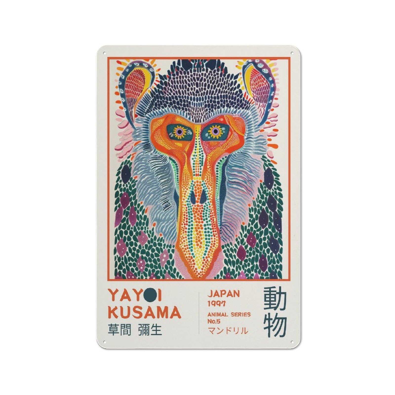 Junmoney Style-12 Yayoi Kusama Mandrill No.5 Exhibition Poster Classic Metal Wall Decor 30X20cm, Tin Sign For Bar, Kitchen, Garage Or Games Room