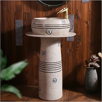 Pedestal Bathroom Sink Ceramics Retro Industrial Style Deco with Pedestal Hard and Easy to Clean Floor Standing Basin Unit, Waterproof and Rustproof Sink Bathroom Counter,K-with Mirror
