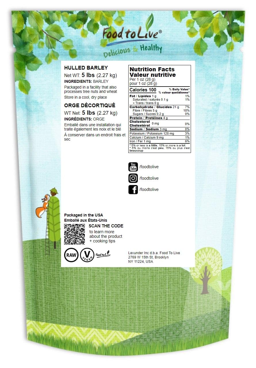 Food to Live Hulled Barley Grain, 5 Pounds – 100% Whole Grain, Vegan, Great for Home Baking, Brewing, Grinding. Rich in Selenium, Fiber. Perfect for Chili, Stews, Hot Cereal, Salads. Made in USA