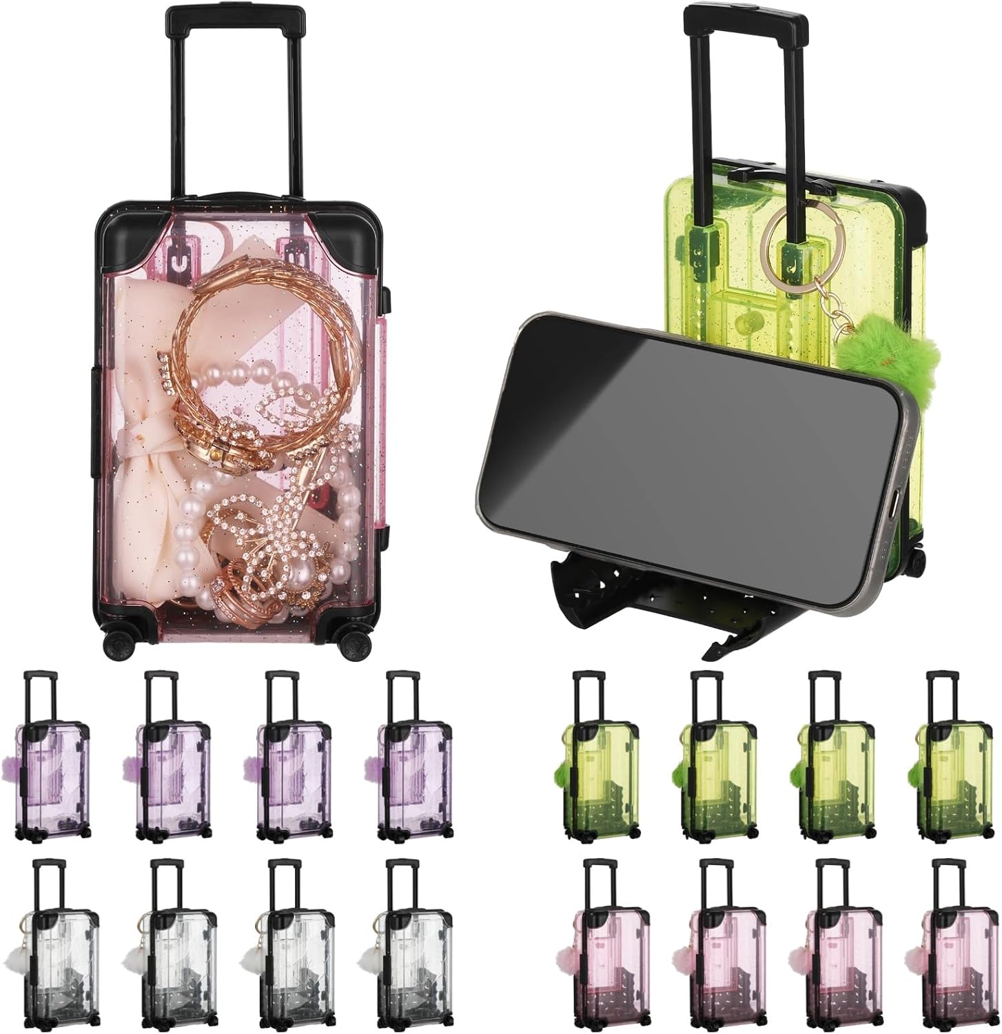 16 Pcs Mini Suitcase Storage Box Set, 16 Plush Ball Keychains Included, 5.1 x 3.1 x 2 in Clear Gift Containers, Creative Phone Holder Function, Ideal for Wedding, Party Favors, Travel (Multicolor)