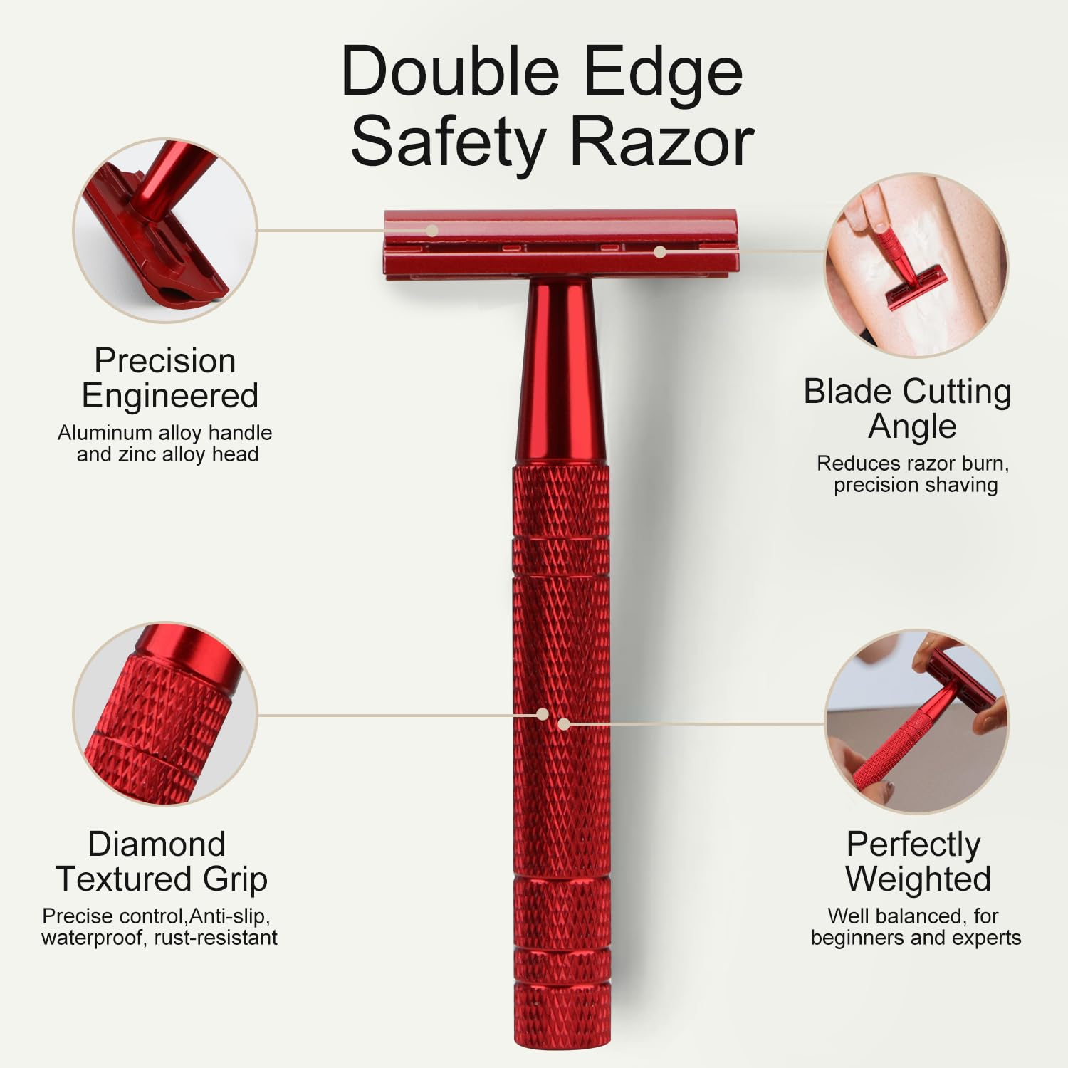 Red Safety Razor for Women and Men, Reusable Metal Single Blade Razor