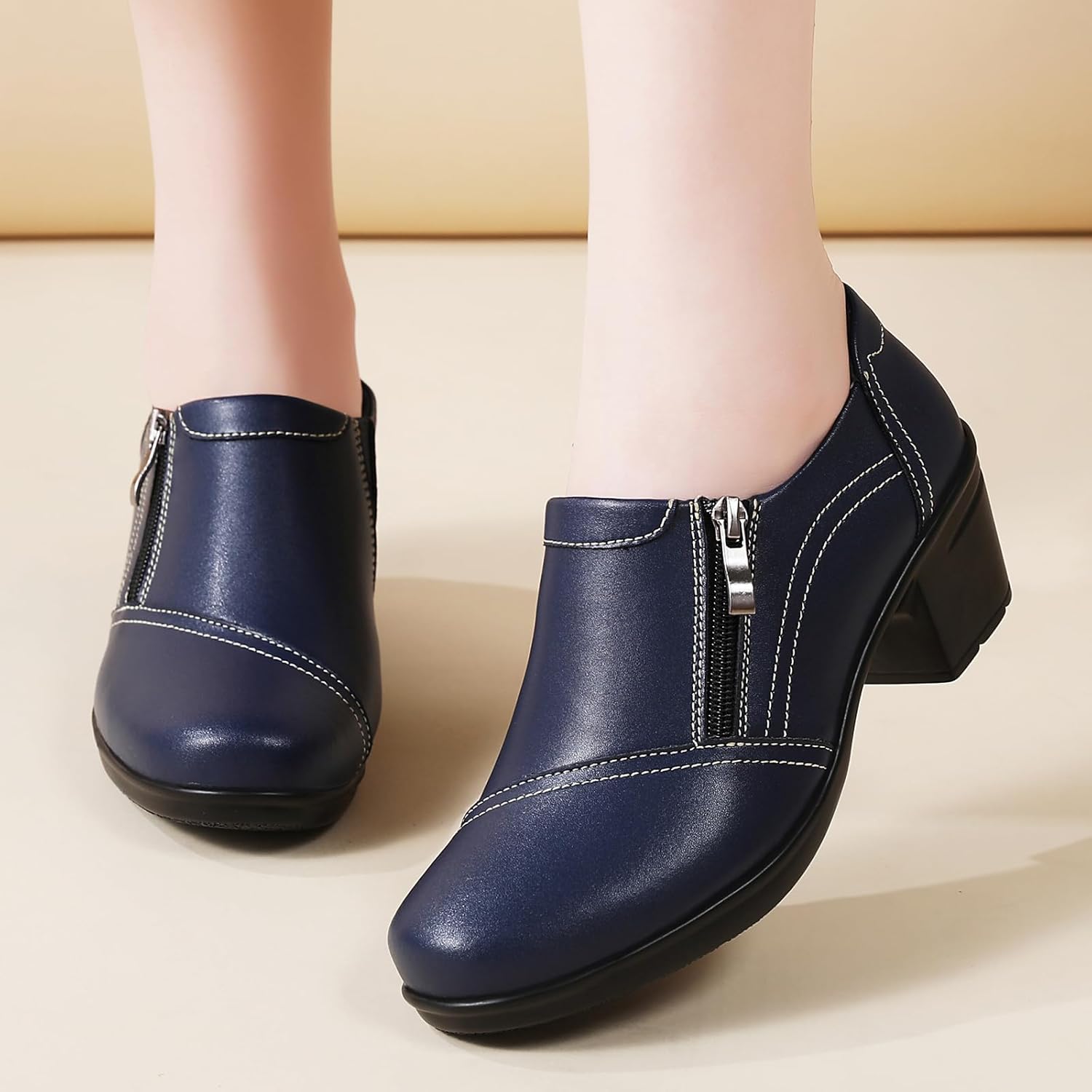 Loafers for Women Black Dress Shoes high Heel Loafers & Slip-Ons Zipper Chunky Block Comfortable Dressy Pumps Business Casual Ladies Heeled Work Office Flight Attendant Shoes - Image 7