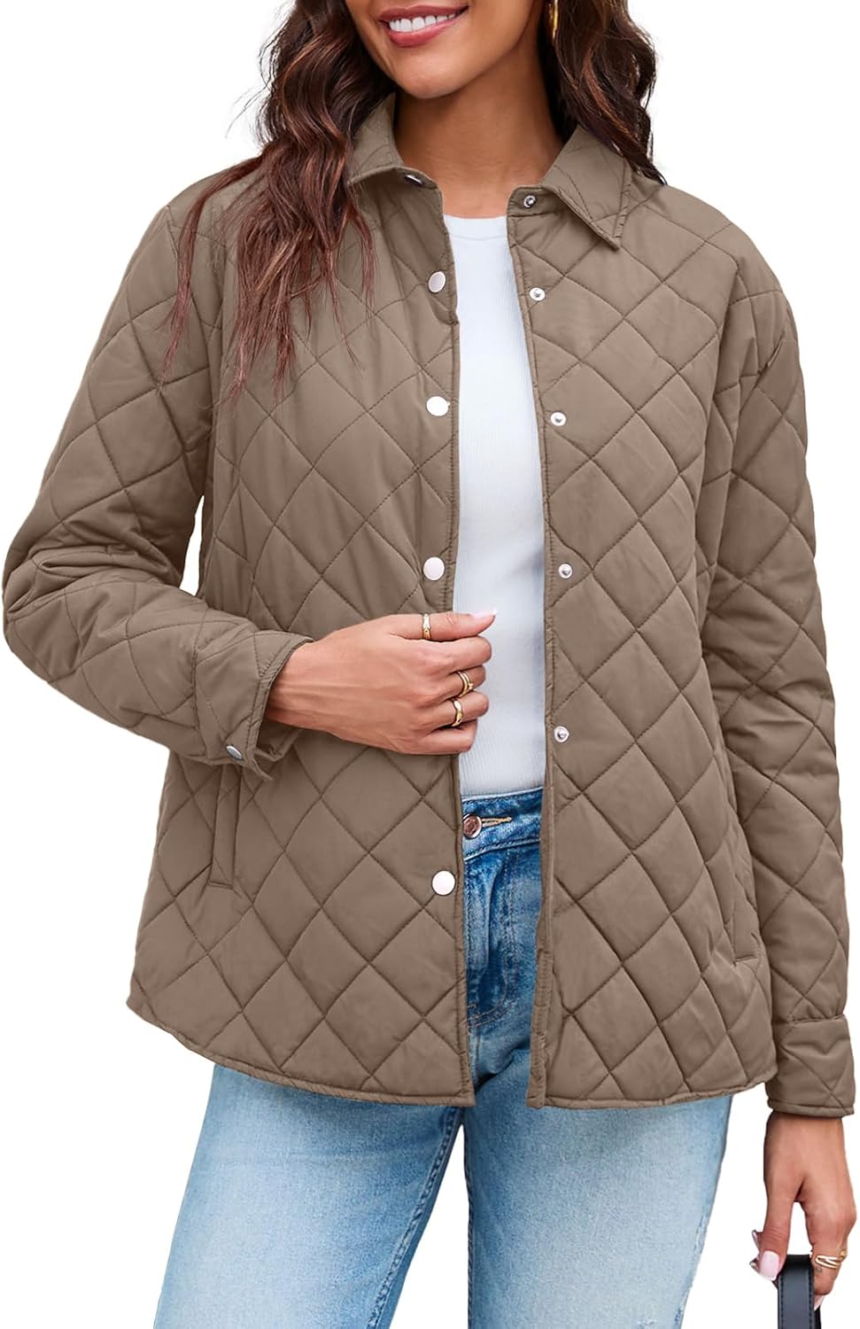 Grlasen Womens Lightweight Quilted Jacket Fall Button Down Puffer Jackets Loose Fit Stand Collar Warm Coats Outerwear