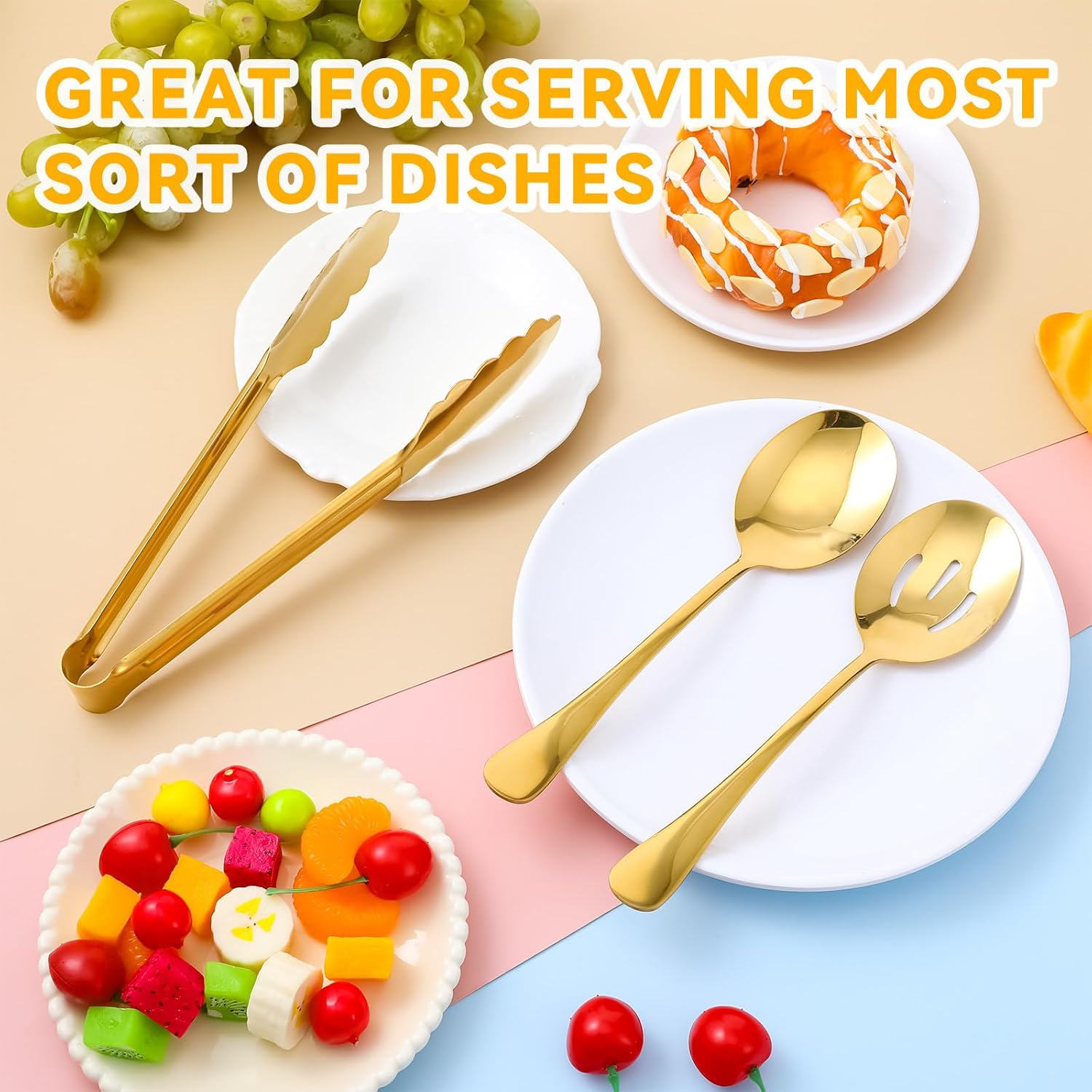 12 PCS Gold Stainless Steel Serving Utensils Sets - Large Serving Spoons,Slotted Spoons,Serving Tongs,Appetizer Tongs,Utensils Sets for Buffet Catering Banquet Party (Gold)