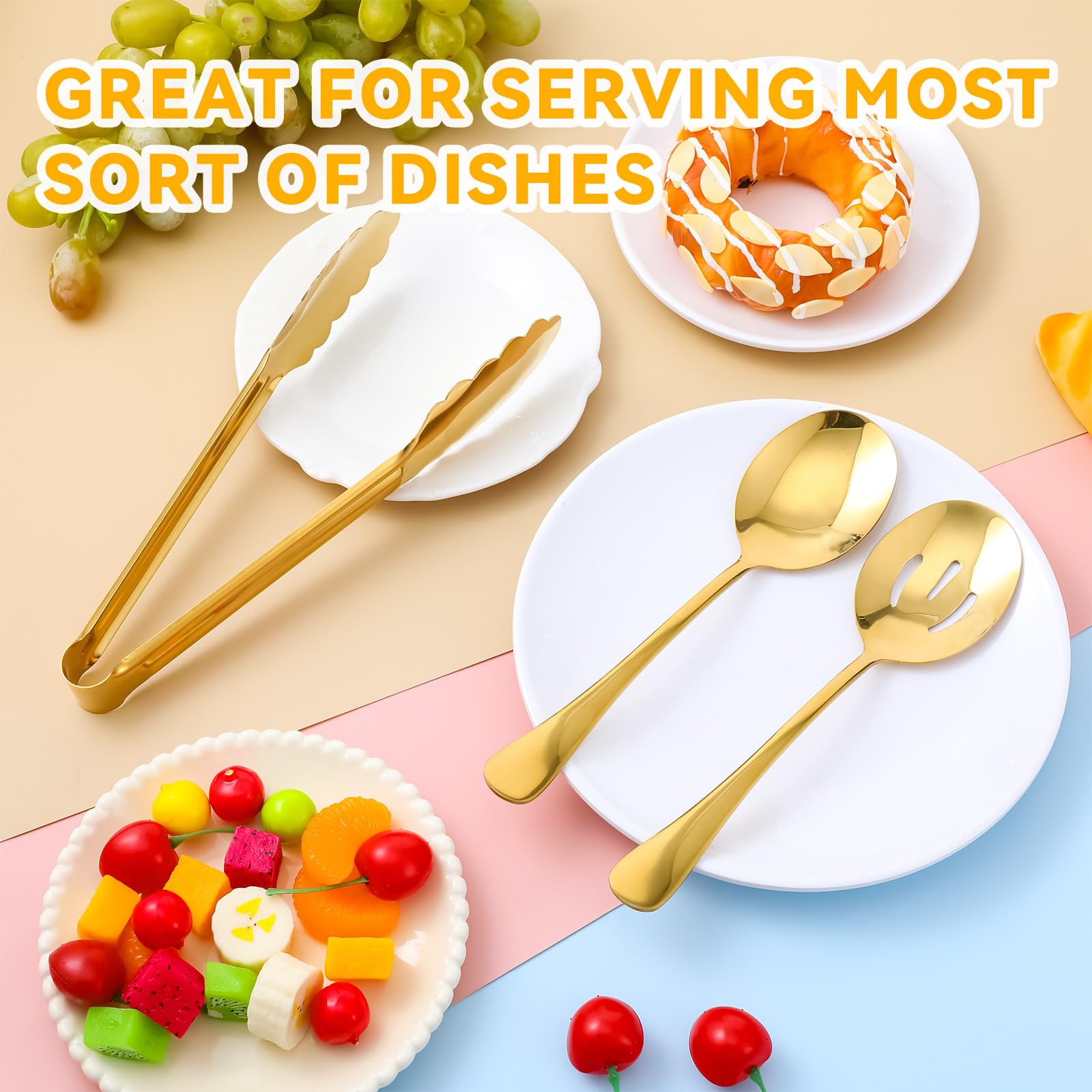 Juego de 12 utensilios de servir de acero inoxidable dorado, cucharas grandes, cucharas ranuradas, pinzas para servir, pinzas para aperitivos, juegos de utensilios para bufé, catering, banquetes y
