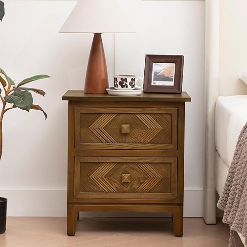 Miniatura 11 de Ahoukua Mesita de noche moderna de mediados de siglo con cajón, mesitas de noche marrón con almacenamiento, diseño geométrico tallado, mesa auxiliar