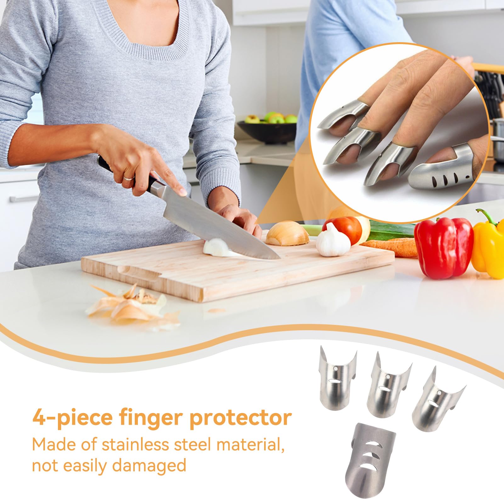 HERCHR 4Pcs protección anti-corte para las manos, Protector de protector de dedos para cortar verduras en rodajas Herramienta de cocina Acero inoxidable