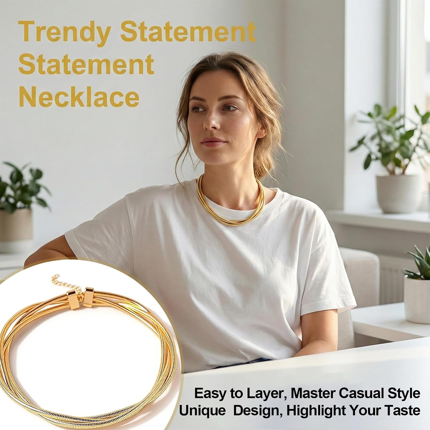 1Pcs Layered Snakebone Chain Collar Necklacel, Layered Necklaces for Women, Chunky Gold Tone Necklace for Women, Gold Tone Statement Necklace, Aesthetic Jewelry Gifts(Gold)