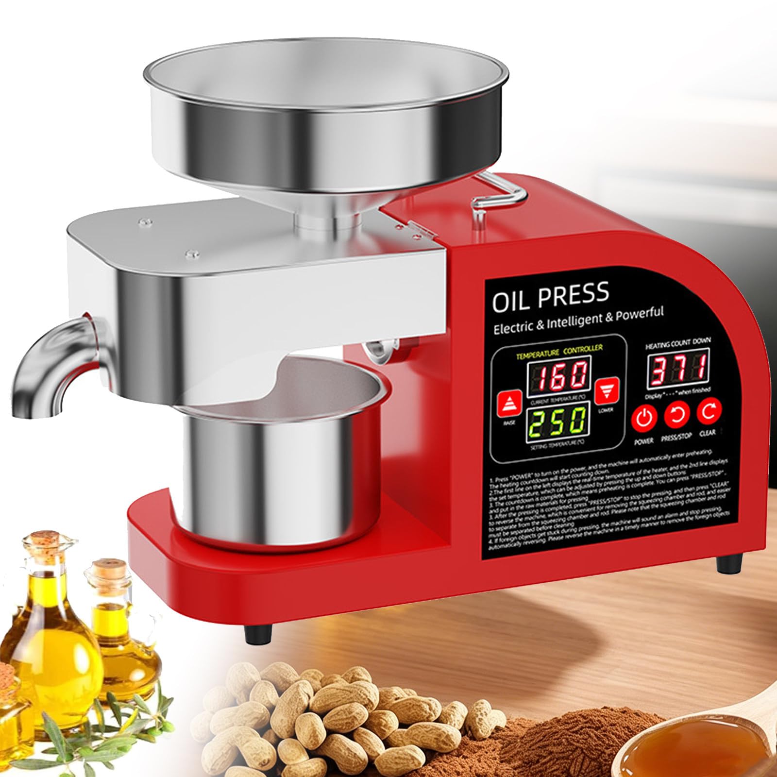BITYCOW Cold Hot Press Oil Maker Machine, Adjustable 104-572℉, 304 Stainless Steel Automatic Oil Press for Coconut Peanut Sesame red