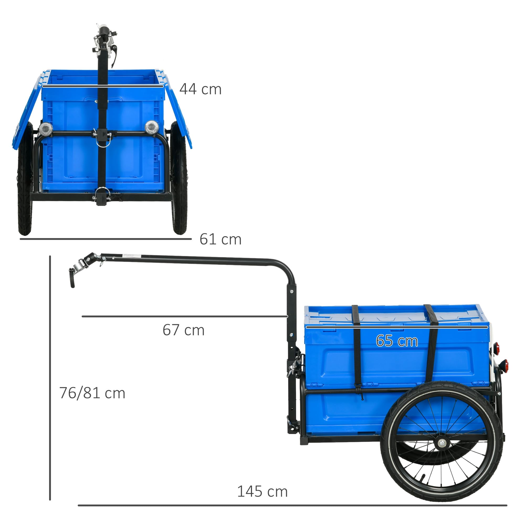 HOMCOM Remolque para Bicicleta de Carga 65 L Remolque para Bici Carro para Bicicleta con Mango Ajustable Caja de Almacenamiento Plegable y Reflectores Seguros Carga 40 kg Azul