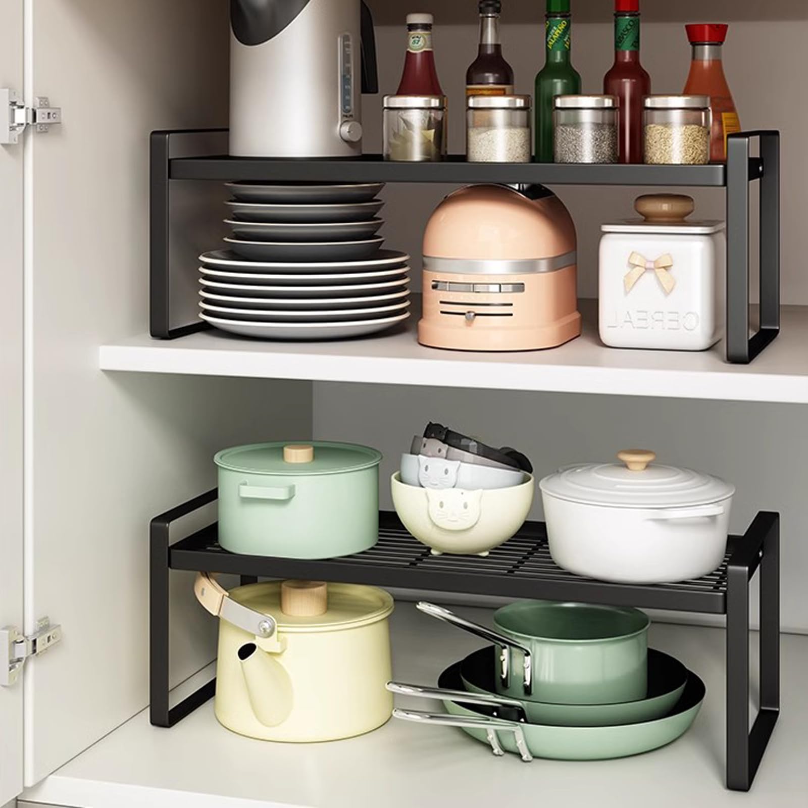 BAIEUEJO 2pcs Shelf Insert, Kitchen Cupboard Organiser with Non-Slip Mat, Kitchen Cabinet Insert