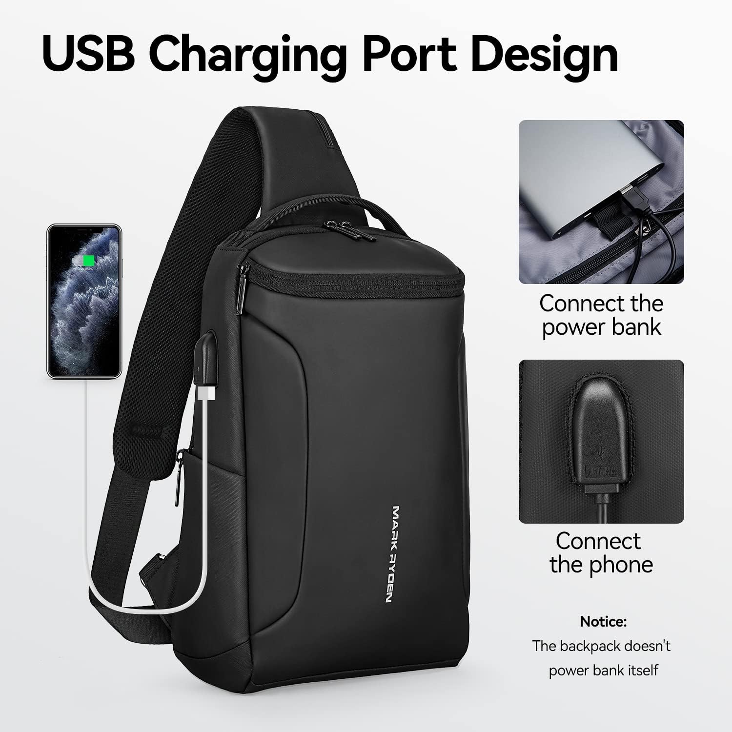 MARK RYDEN Sling Backpack Men, Waterproof Shoulder Bag with USB Charging Port and Adjustable Strap, Holds 9.7 Inch ipad, Sling Bag for Traveling, Sporting, Cycling, Daily