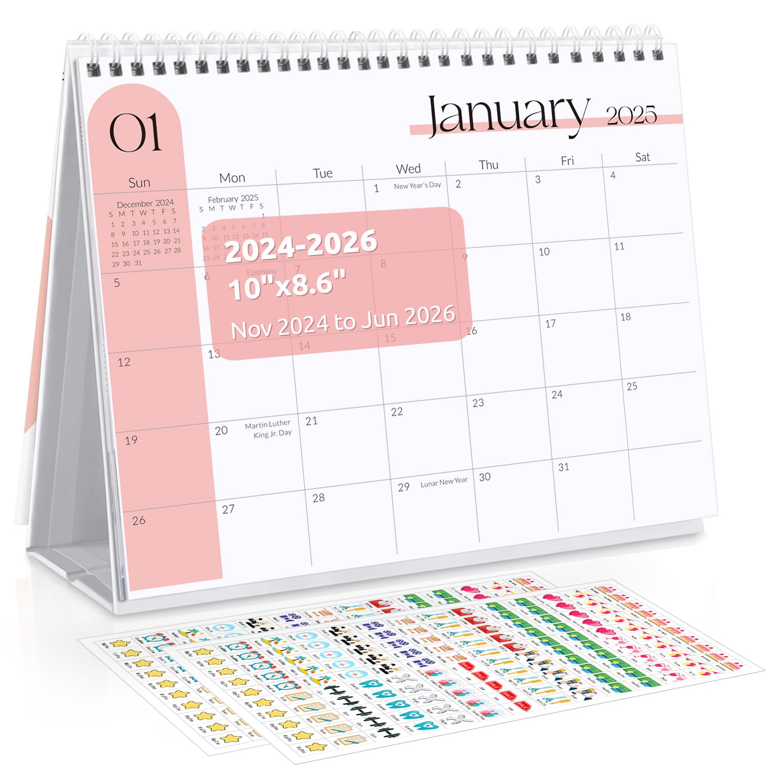 SKYDUE Desk Calendar 2025-2026, Nov 2024 to Jun 2026 20 Months Small Desk Calendar with Planner Stickers, 10" x 8" Desktop Calendar Planner, Minimalist