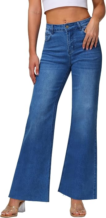 KDF Wide Leg Jeans for Woman Baggy Stretchy Loose Trendy Frayed Hem Denim Boyfriend Pants