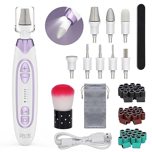 PELCAS Molinillo eléctrico para uñas gruesas, taladro de uñas inalámbrico, kit de manicura y pedicura de 5 velocidades con luz LED, lima de uñas