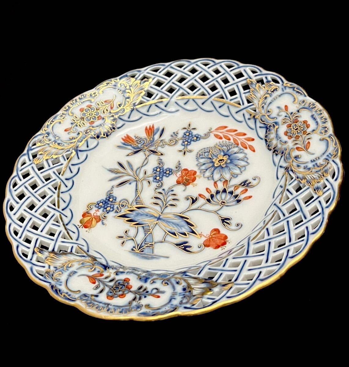 Meissen マイセン/※1級品 上級朱金装飾オニオン ピアスプレート　皿 Meissen マイセン/※1級品 上級朱金装飾オニオン ピアスプレート皿