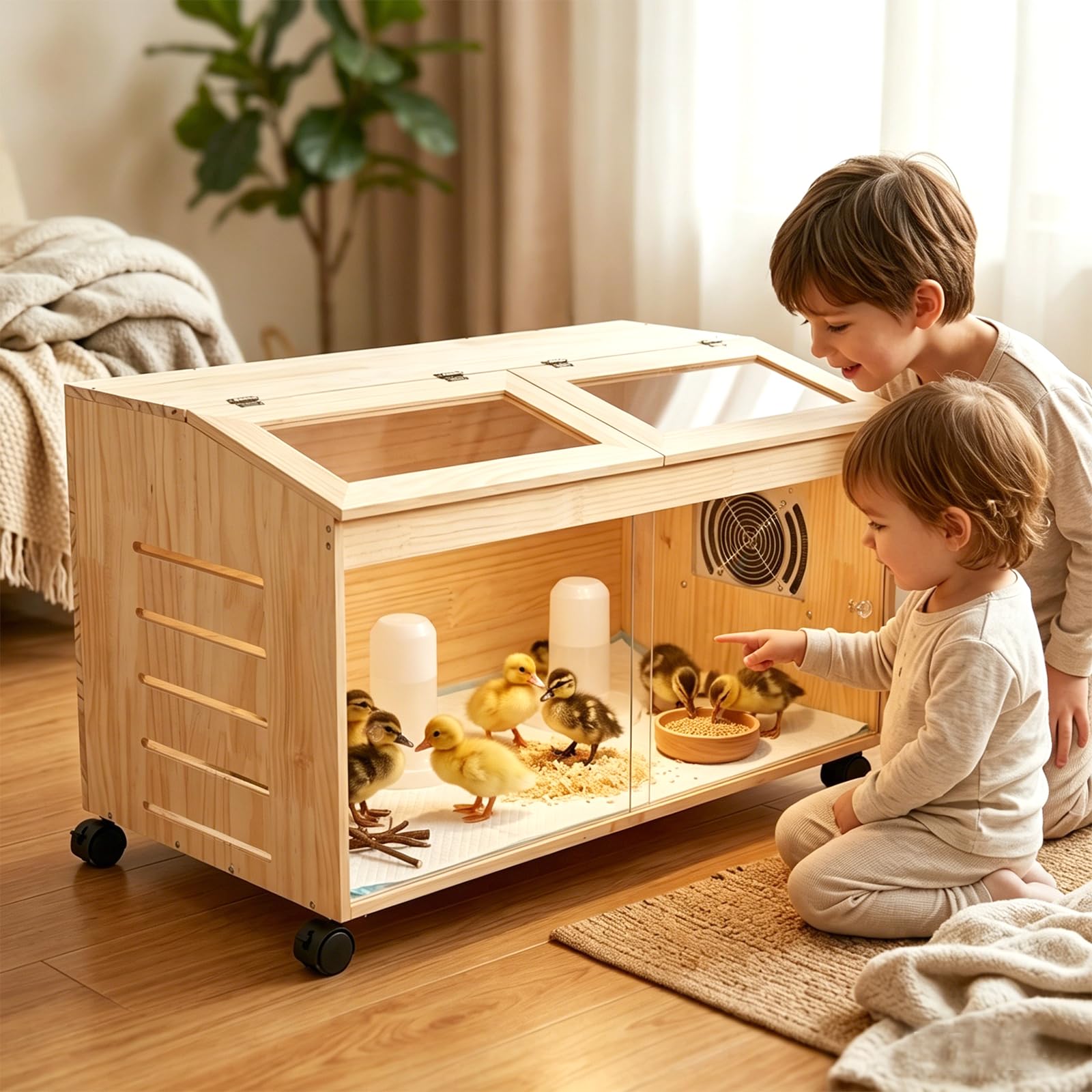 Caja de cría de pollitos, casa de cría de aves de corral con calentador y alimentador, incubadora de madera para pollitos, patos, codorniz, loro, hámsteres, lagartos