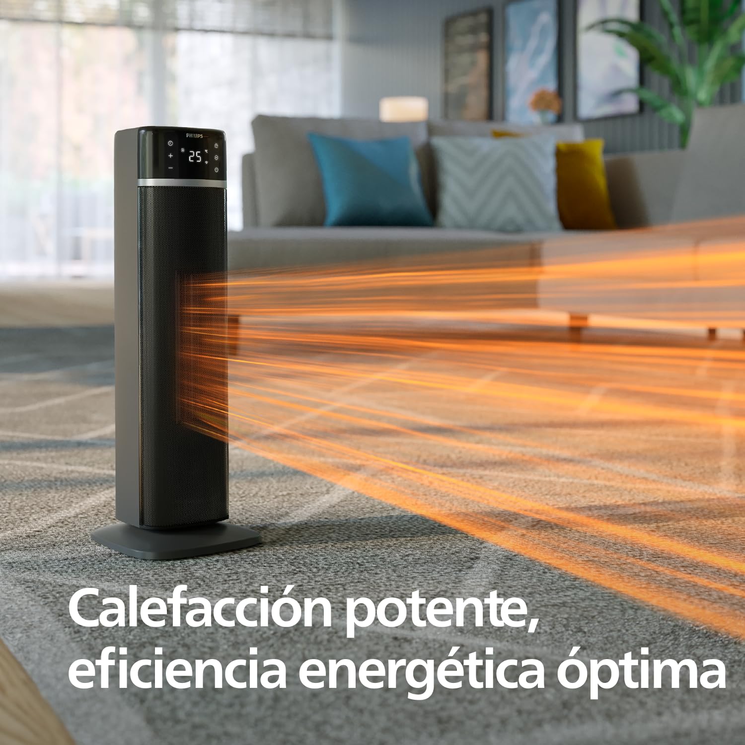 Philips Calefactor de torre Serie 5000 conectado, 2000W, hasta 50 % de ahorro energético, 4 modos, pantalla de temperatura, 5 funciones de seguridad, oscilación 60°, silencioso, negro/gris (CX5120/11)