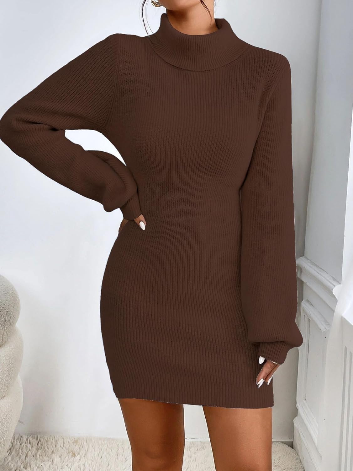 Turtleneck Sweater Dress for Women Lantern Sleeve Bodycon Pullover Mini Sweater Dress Stretchable Elasticity Slim - Image 4