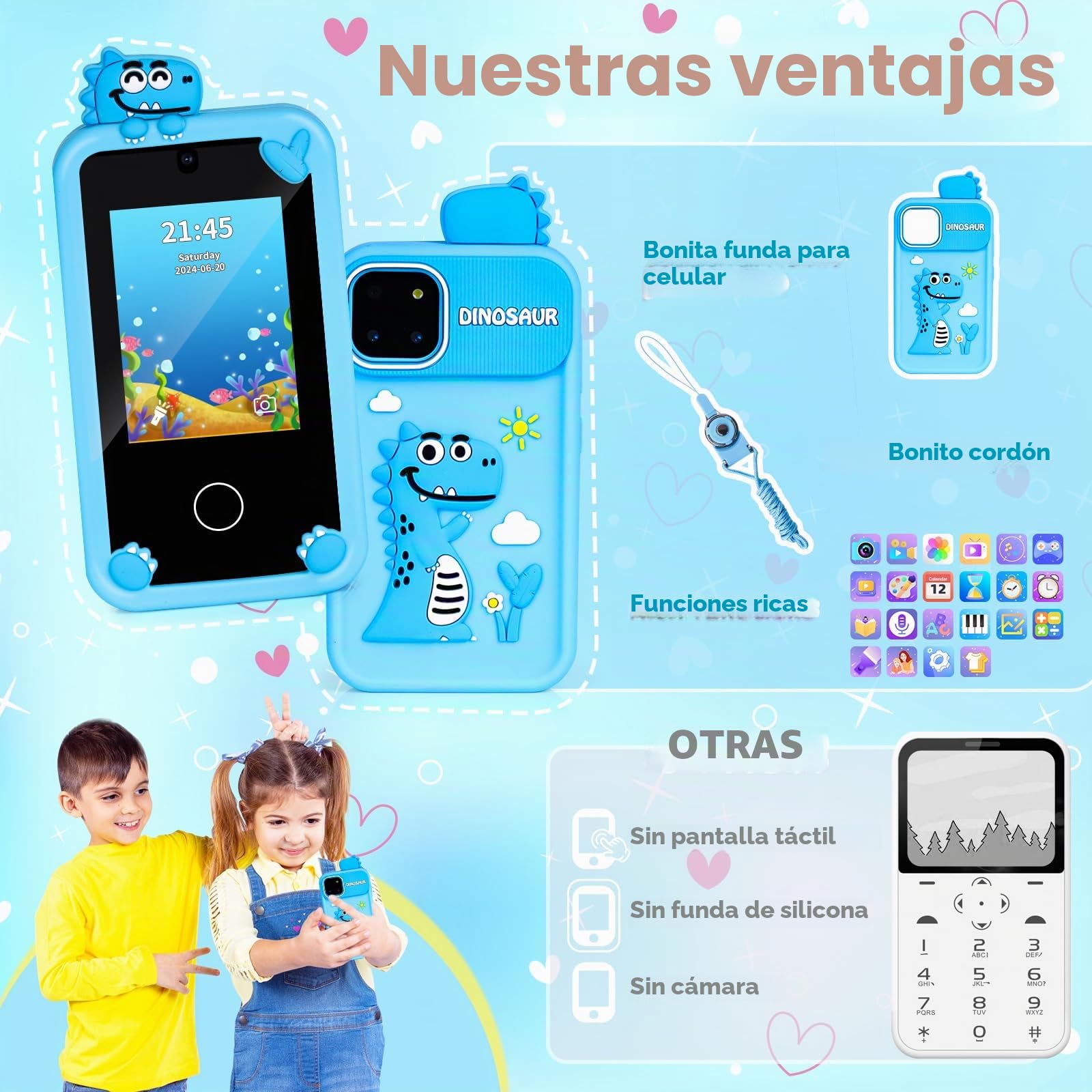 Fullove Regalos para niños: regalos para niños de 6 a 10 años, teléfono de aprendizaje para niños de 10 a 12 años, teléfono azul