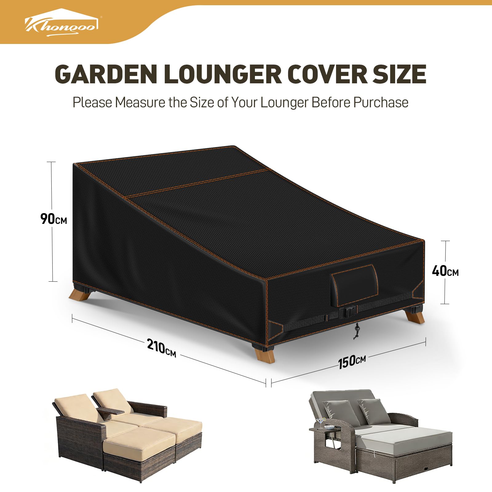 Housse Protection Transat Jardin Extérieur Double, Noir 210x150x40/90 cm