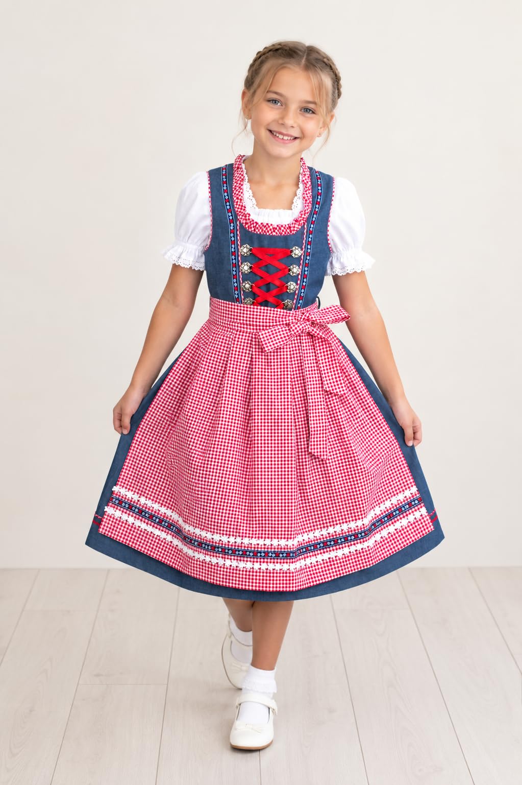 Ramona Lippert® Dżinsy dziecięce Dirndl Naomi, niebiesko-różowe - 3-częściowy strój ludowy Dirndl dla dziewczynek, czerwony, 158-164