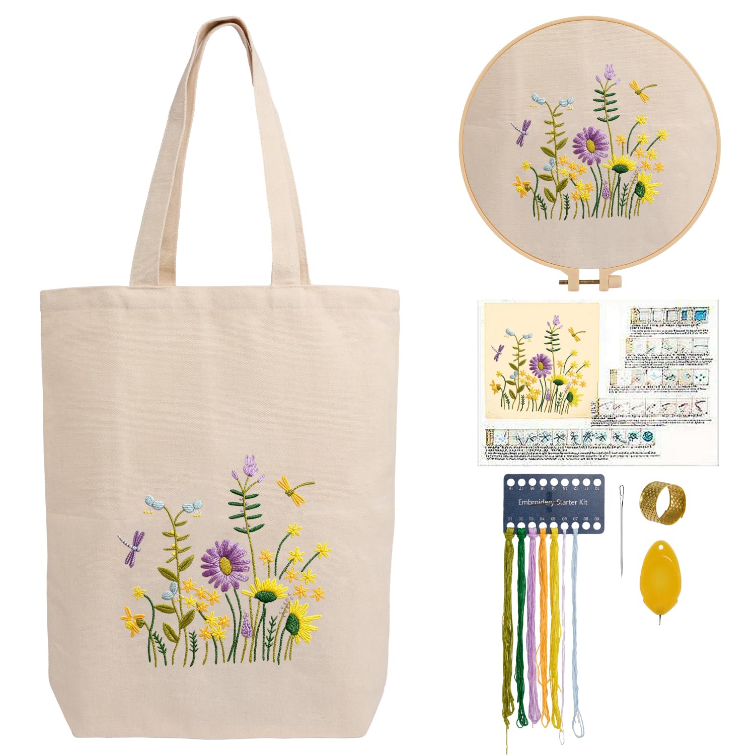 CREAWONDER Hand Embroidery Kits for Bag, Embroidery Kit Bag with Pattern for Beginners, Arts and DIY Embroidery Crafts Kits for Adults, Include Instructions, Embroidery Hoops, Color Threads and Tool