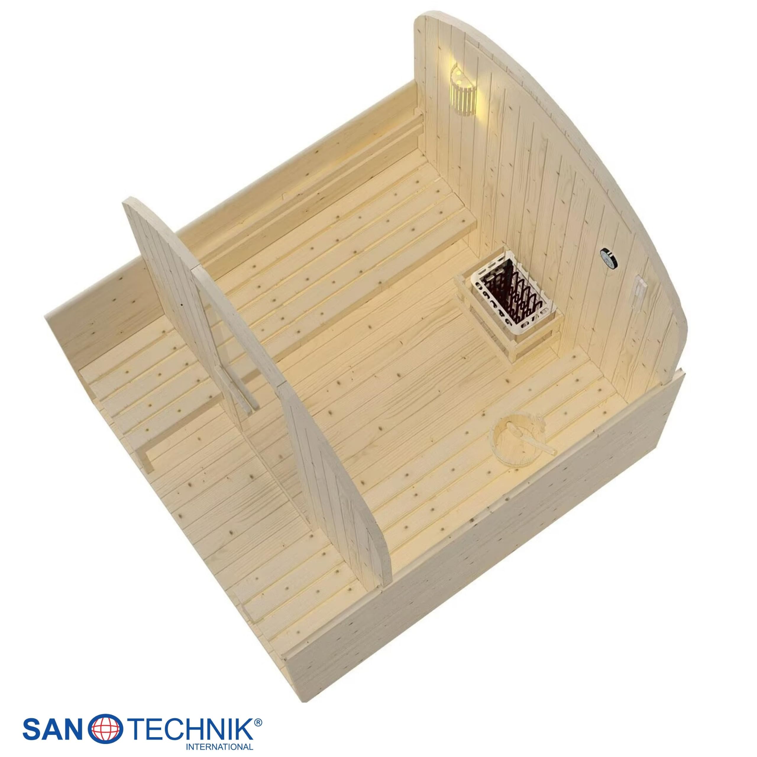 SANOTECHNIK Außensauna Island XL für 4 Personen Fichte Naturbelassen 220 x 189 x 200 cm mit 6 mm Sicherheitsglas-Tür und 3,8 cm Wandstärke