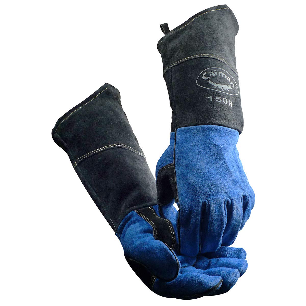 Caiman Premium Split Cowhide MIG/Stick Welding Gloves, Scalloped Cuff, Fleece Lining, Kontour Design, Blue/Black, Large (1508)